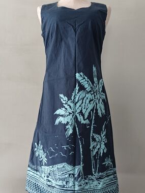 Disney Tiki Kingdom Navy Dress Knee Length Sz 8 Cotton Vacation Tropical Resort